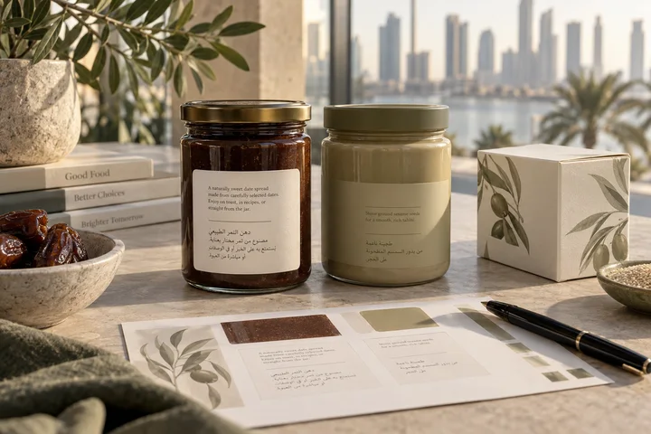 Date and tahini packaging with label review documents for Gulf markets