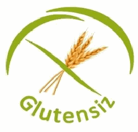 Glutensiz logosu örneği: üzeri çizili buğday başağı ve Glutensiz yazısı.